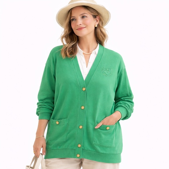 Collections Etc Sweaters - Vintage Kelly Green Crest Cardigan Gold Buttons Preppy 18 90s